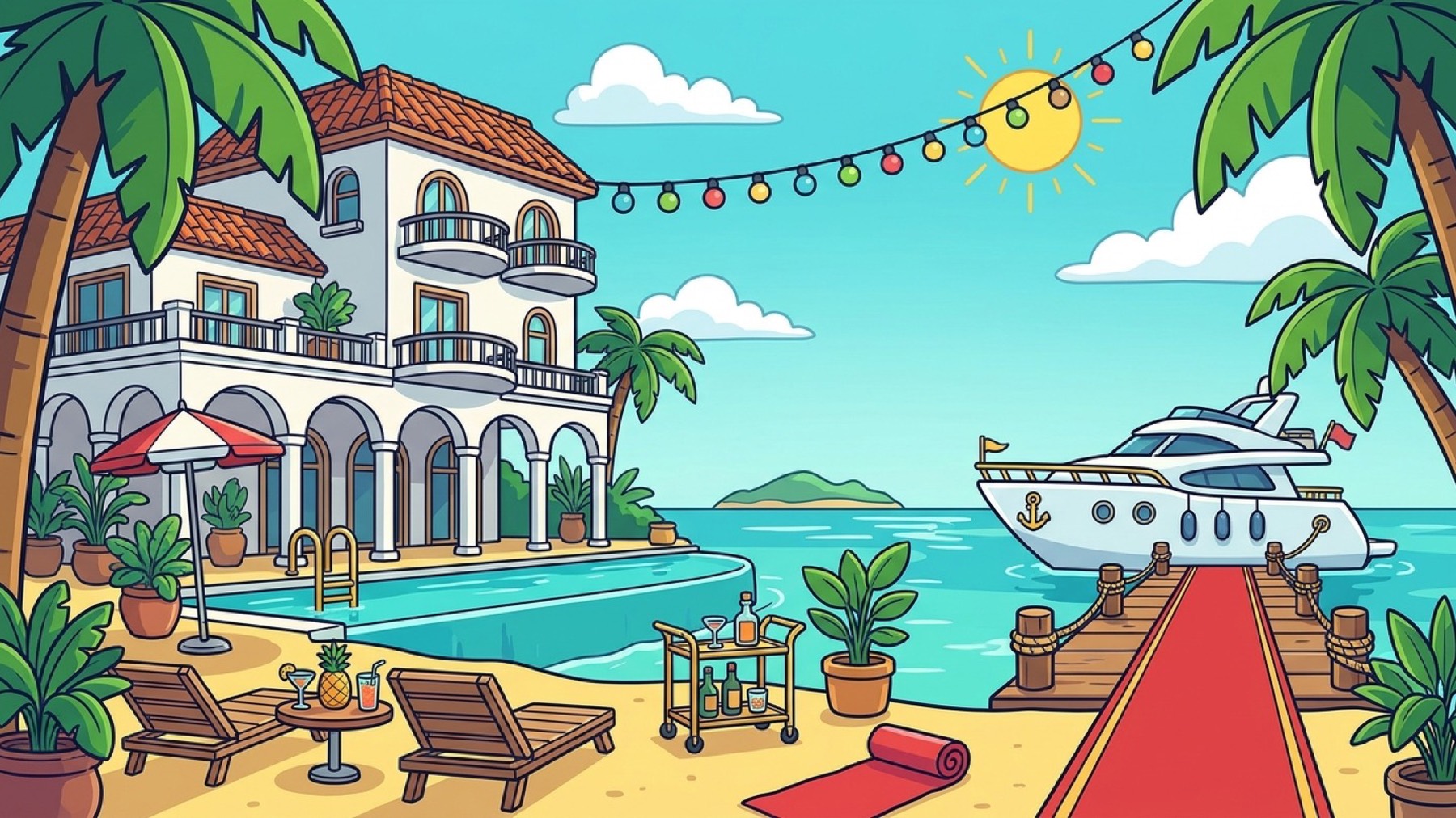 The Island — the villa, the pool and the yacht at the jetty